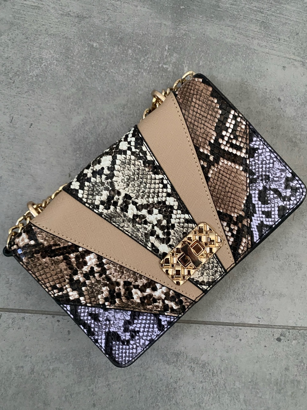Aldo Snake-Print Crossbody in Beige, Brown and Black with Gold Hardware